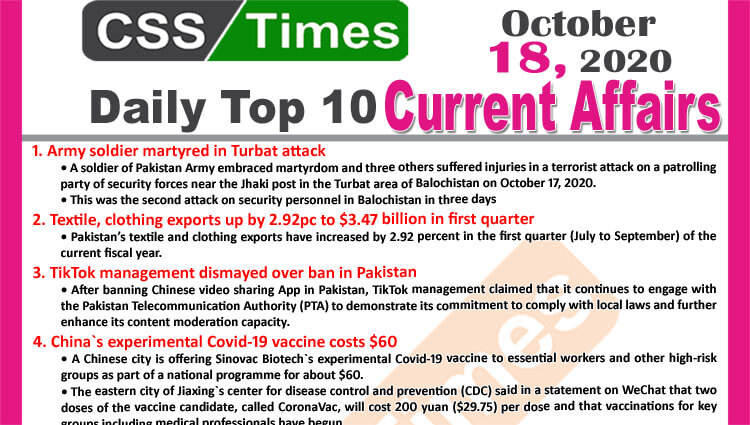 Daily Top-10 Current Affairs MCQs News (October 18, 2020) for CSS, PMS