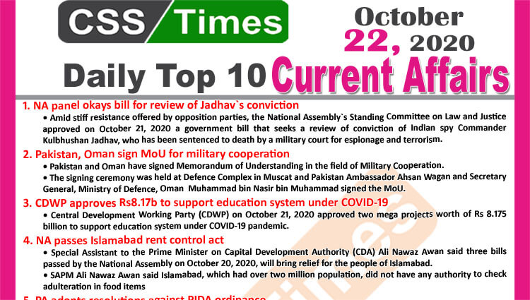 Daily Top-10 Current Affairs MCQs / News (October 22, 2020) for CSS, PMS