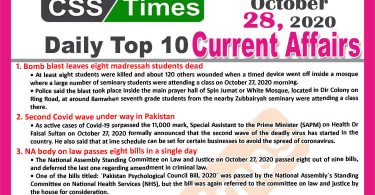 Daily Top-10 Current Affairs MCQs / News (October 28, 2020) for CSS, PMS