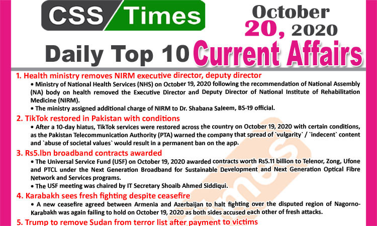Daily Top-10 Current Affairs MCQs / News (October 20, 2020) for CSS,PMS