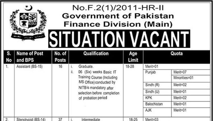 Situation Vacant in Finance Division (Main) Government of Pakistan