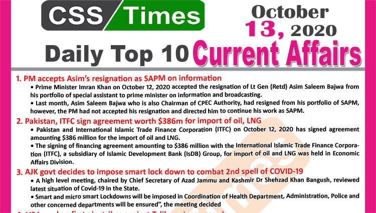 Daily Top-10 Current Affairs MCQs / News (October 13, 2020) for CSS, PMS