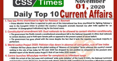 Daily Top-10 Current Affairs MCQs / News (November 01, 2020) for CSS, PMS