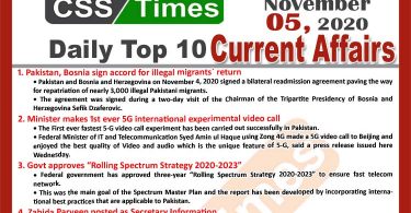 Daily Top-10 Current Affairs MCQs / News (November 05, 2020) for CSS, PMS