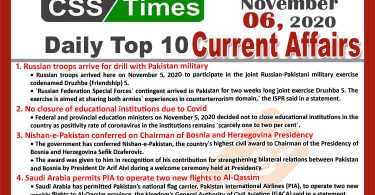 Daily Top-10 Current Affairs MCQs / News (November 06, 2020) for CSS, PMS