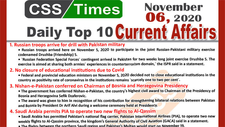 Daily Top-10 Current Affairs MCQs / News (November 06, 2020) for CSS, PMS