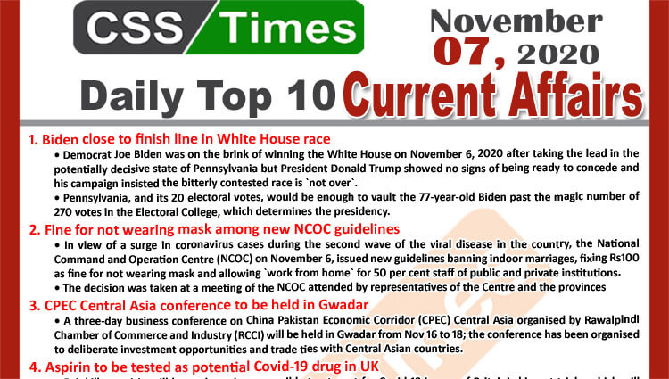 Daily Top-10 Current Affairs MCQs / News (November 07, 2020) for CSS, PMS