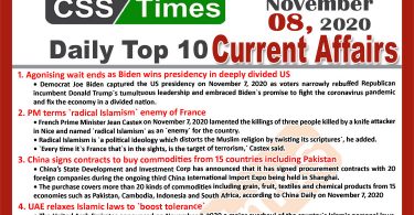 Daily Top-10 Current Affairs MCQs / News (November 08, 2020) for CSS, PMS