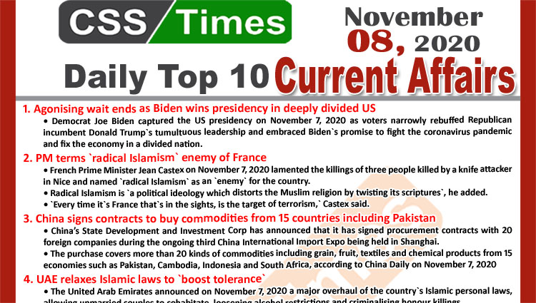 Daily Top-10 Current Affairs MCQs / News (November 08, 2020) for CSS, PMS