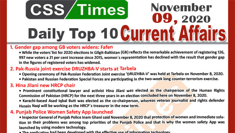 Daily Top-10 Current Affairs MCQs / News (November 09, 2020) for CSS, PMS