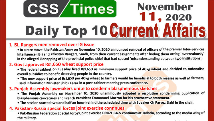 Daily Top-10 Current Affairs MCQs / News (November 11, 2020) for CSS, PMS