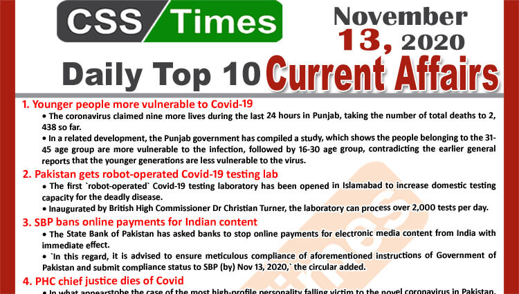 Daily Top-10 Current Affairs MCQs / News (November 13, 2020) for CSS, PMS