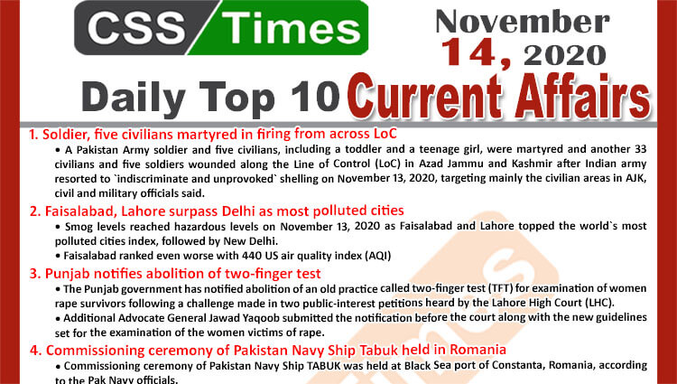 Daily Top-10 Current Affairs MCQs / News (November 14, 2020) for CSS, PMS