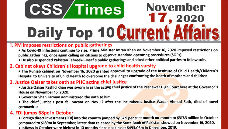 Daily Top-10 Current Affairs MCQs / News (November 17, 2020) for CSS, PMS