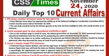 Daily Top-10 Current Affairs MCQs / News (November 24, 2020) for CSS, PMS