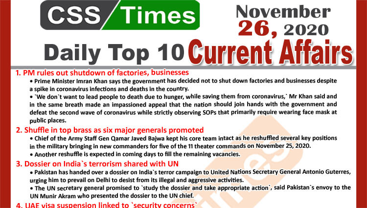 Daily Top-10 Current Affairs MCQs / News (November 26, 2020) for CSS, PMS