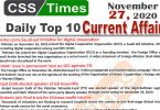 Daily Top-10 Current Affairs MCQs / News (November 27, 2020) for CSS, PMS