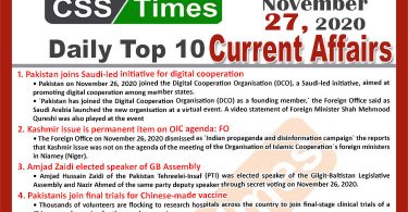Daily Top-10 Current Affairs MCQs / News (November 27, 2020) for CSS, PMS