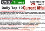 Daily Top-10 Current Affairs MCQs / News (November 29, 2020) for CSS, PMS