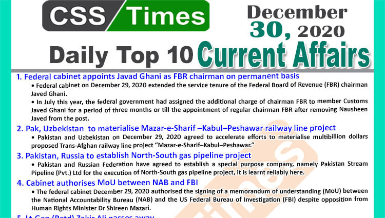 Daily Top-10 Current Affairs MCQs / News (December 30, 2020) for CSS, PMS