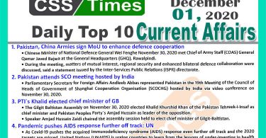 Daily Top-10 Current Affairs MCQs / News (December 01, 2020) for CSS, PMS
