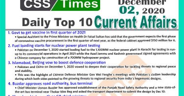 Daily Top-10 Current Affairs MCQs / News (December 02, 2020) for CSS, PMS
