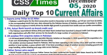 Daily Top-10 Current Affairs MCQs / News (December 05, 2020) for CSS, PMS