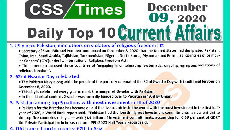 Daily Top-10 Current Affairs MCQs / News (December 09, 2020) for CSS, PMS