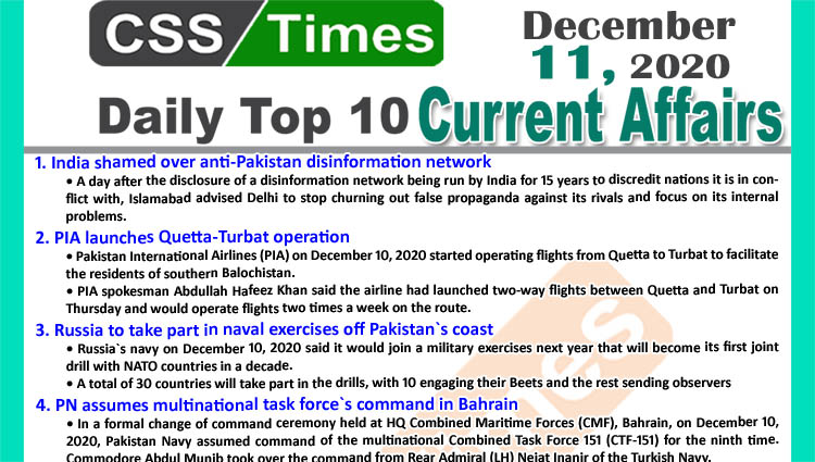 Daily Top-10 Current Affairs MCQs News (December 11, 2020) for CSS, PMS