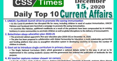 Daily Top-10 Current Affairs MCQs / News (December 15, 2020) for CSS, PMS