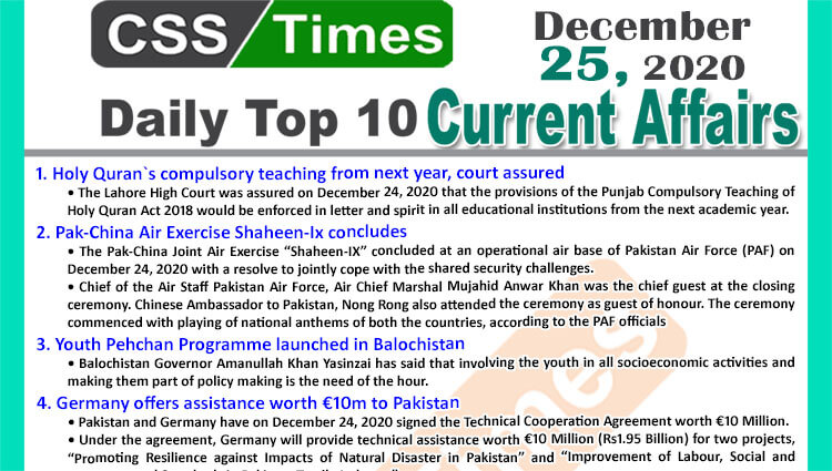 Daily Top-10 Current Affairs MCQs / News (December 25, 2020) for CSS, PMS