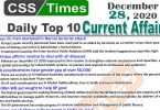 Daily Top-10 Current Affairs MCQs / News (December 28, 2020) for CSS, PMS