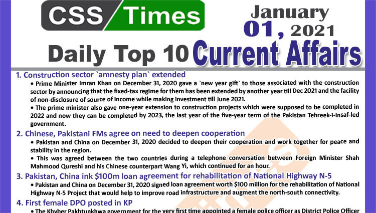 Daily Top-10 Current Affairs MCQs / News (January 01, 2021) for CSS, PMS