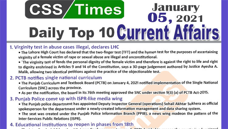 Daily Top-10 Current Affairs MCQs / News (January 05, 2021) for CSS, PMS