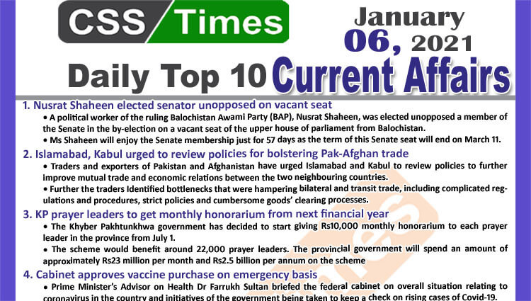 Daily Top-10 Current Affairs MCQs / News (January 06, 2021) for CSS, PMS