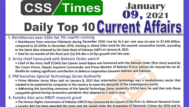 Daily Top-10 Current Affairs MCQs / News (January 09, 2021) for CSS, PMS