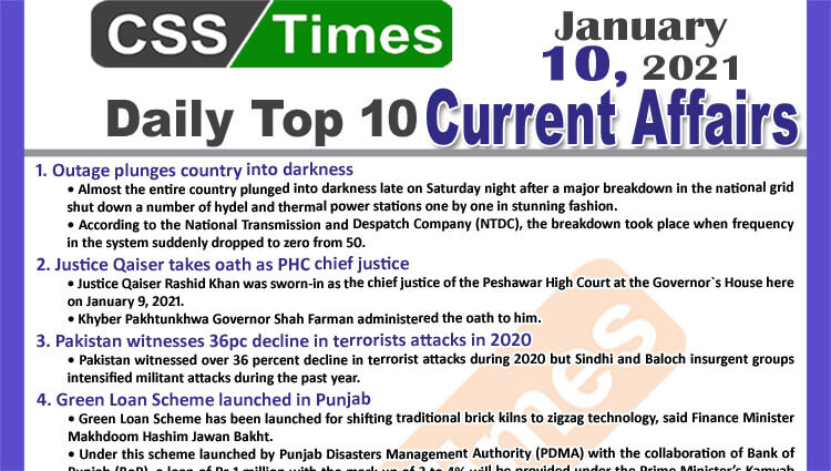 Daily Top-10 Current Affairs MCQs / News (January 10, 2021) for CSS, PMS