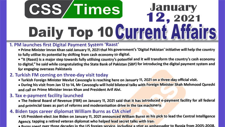 Daily Top-10 Current Affairs MCQs / News (January 12, 2021) for CSS, PMS