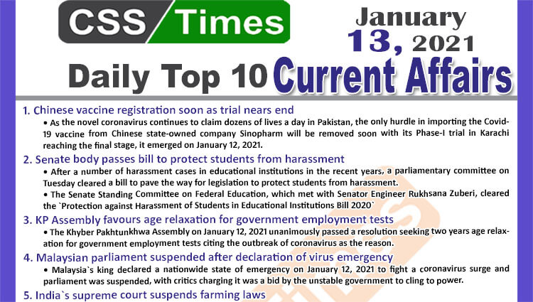 Daily Top-10 Current Affairs MCQs / News (January 13, 2021) for CSS, PMS