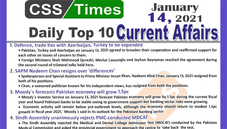 Daily Top-10 Current Affairs MCQs / News (January 14, 2021) for CSS, PMS