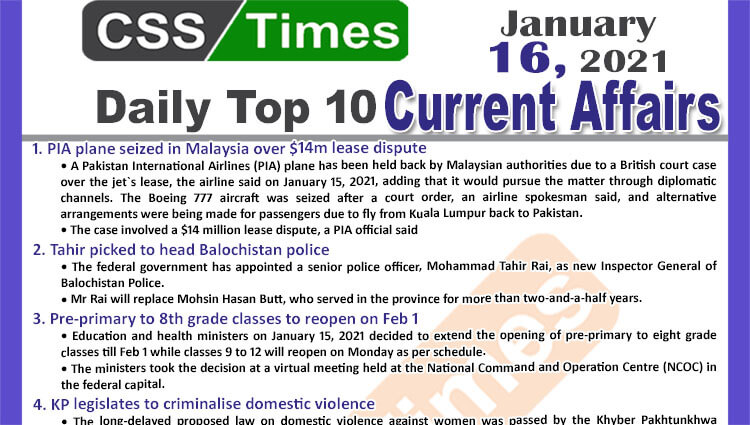 Daily Top-10 Current Affairs MCQs / News (January 16, 2021) for CSS, PMS