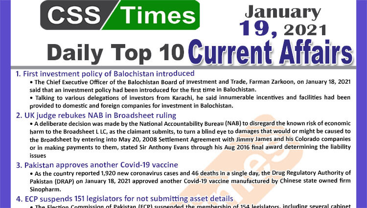 Daily Top-10 Current Affairs MCQs / News (January 19, 2021) for CSS, PMS