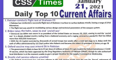 Daily Top-10 Current Affairs MCQs / News (January 21, 2021) for CSS, PMS