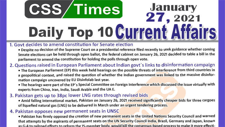 Daily Top-10 Current Affairs MCQs / News (January 27, 2021) for CSS, PMS