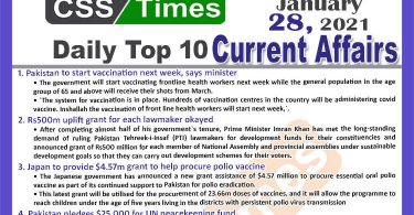 Daily Top-10 Current Affairs MCQs / News (January 28, 2021) for CSS, PMS
