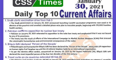 Daily Top-10 Current Affairs MCQs / News (January 30, 2021) for CSS, PMS