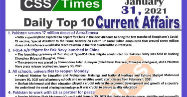 Daily Top-10 Current Affairs MCQs / News (January 31, 2021) for CSS, PMS