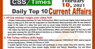 Daily Top-10 Current Affairs MCQs / News (February 10, 2021) for CSS, PMS
