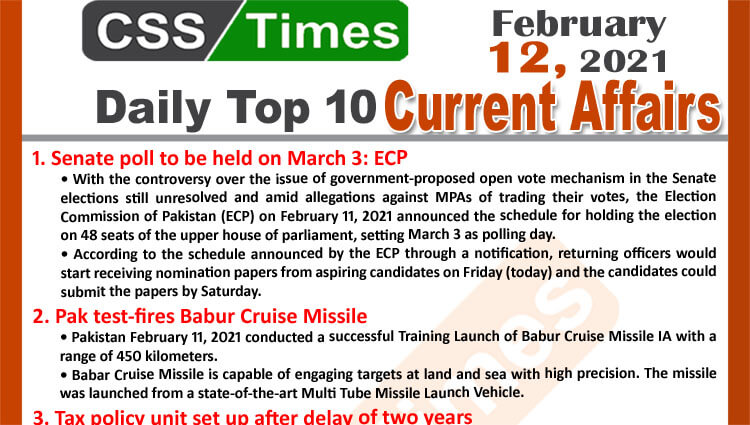 Daily Top-10 Current Affairs MCQs / News (February 12, 2021) for CSS, PMS