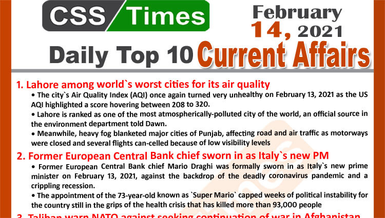 Daily Top-10 Current Affairs MCQs / News (February 14, 2021) for CSS, PMS